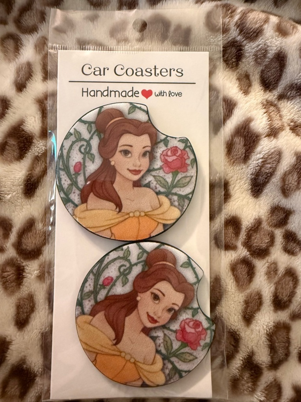Belle Floral Car Coasters - Yellow & Brown Princess Design
